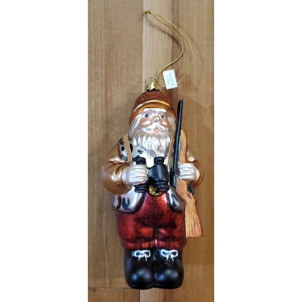 Vintage Glass Christmas Ornament Santa Hunting Camo Vest Shotgun Binoculars